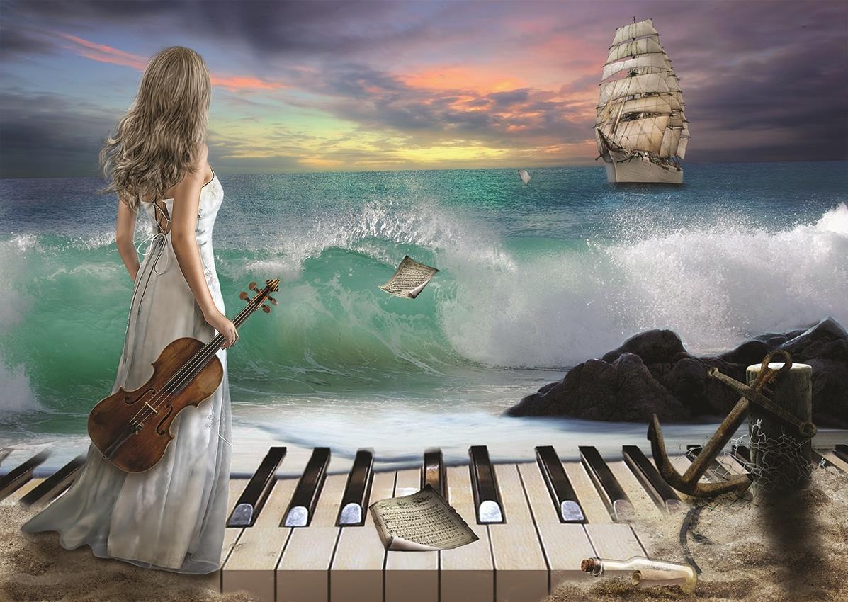Музыка для души без слов слушать. Девушка скрипка море. Фортепиано и море. Девушка рояль море. Рояль и море в живописи.